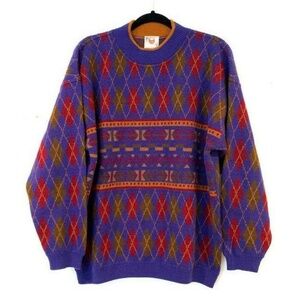 Stefanel Men M Aztec Argyle Crew Neck Wool Sweater